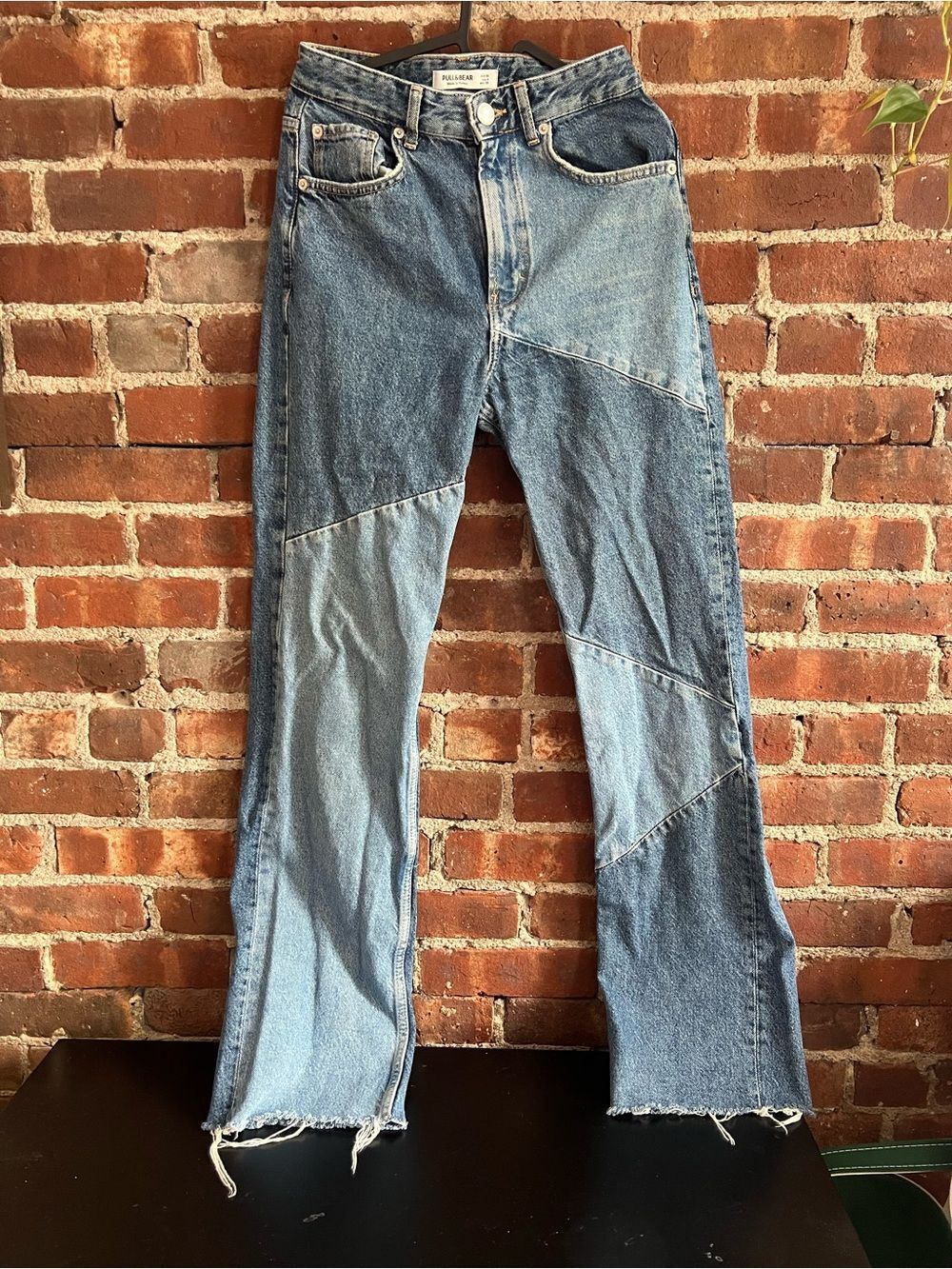 Pull&Bear Two-Tone Patchwork Denim Flare Jeans in Light and Dark Blue Size 4